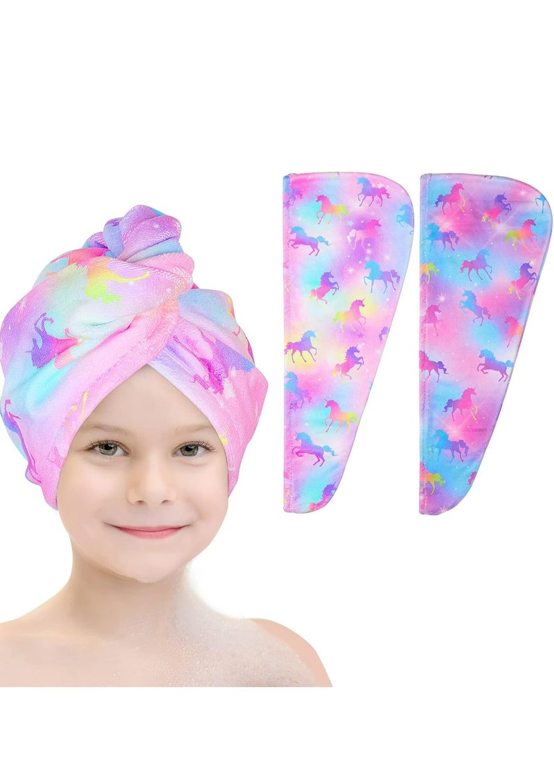Oasisgalore - 2-Pack Microfiber Hair Towel Wraps for Kids, Rapid-Drying Turbans with Button, Unicorn Design for Women & Girls. - Image 1