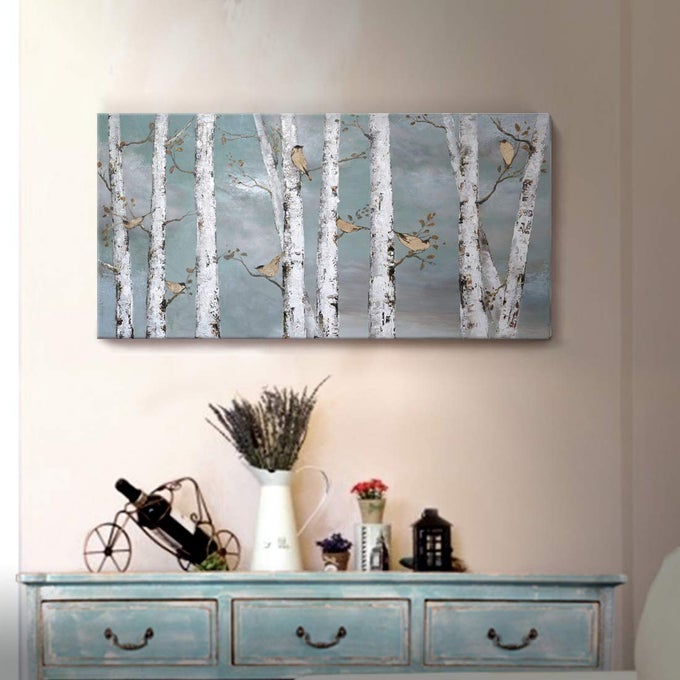 TEAL WALL ART 100 HANDPAINTED LANDSCAPE FOREST OIL PAINTING ON CANVAS ORIGINAL FRAMED ARTWORK GOLD BIRD BIRCH TREE ARTWORK WHITE BIRCH AT NIGHT FOR LIVING ROOM BEDROOM OFFICE DECOR 32X16INCH