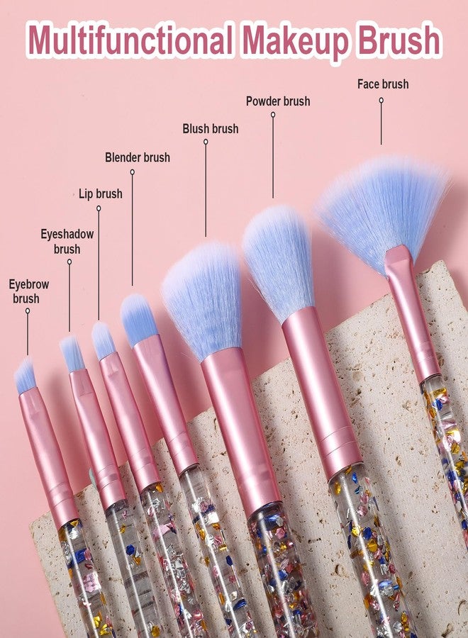 ولهيف مجموعة فرش مكياج كريستالية لامعة من WLLHYF مكونة من 7 قطع، فرش مكياج مروحية لامعة، فرشاة أحمر خدود، بودرة، ظلال شفاه، فرشاة حواجب، فرشاة دمج ظلال العيون، فرشاة مكياج احترافية بمقبض مزين بالترتر للنساء (أزرق) - Image 3