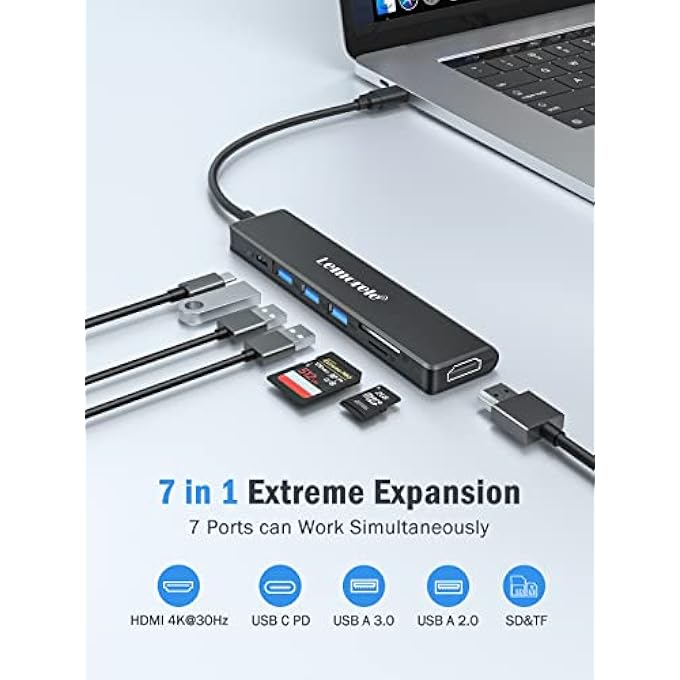 Lemorele USB C 3.0 HUB -DOCKING STATION USB C HUB 7 IN 1 ADAPTER TO HDMI 4K, 3 USB A 3.0/2.0, PD 100W, SD/TF,USB C HDMI ADAPTER SUITABLE FOR MACBOOK, CHROMECAST, WINDOWS - Image 2