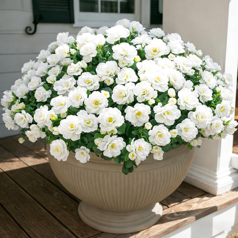 Ivydale Artificial Fake White Flowers Plants for Spring Outdoor Outside Faux Silk Camellia UV Resistant Realistic for Front Door Porch Patio Balcony Garden Yard Decor 3 Large Bundles - Image 2