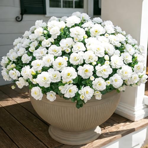 Ivydale Artificial Fake White Flowers Plants for Spring Outdoor Outside Faux Silk Camellia UV Resistant Realistic for Front Door Porch Patio Balcony Garden Yard Decor 3 Large Bundles - Image 1