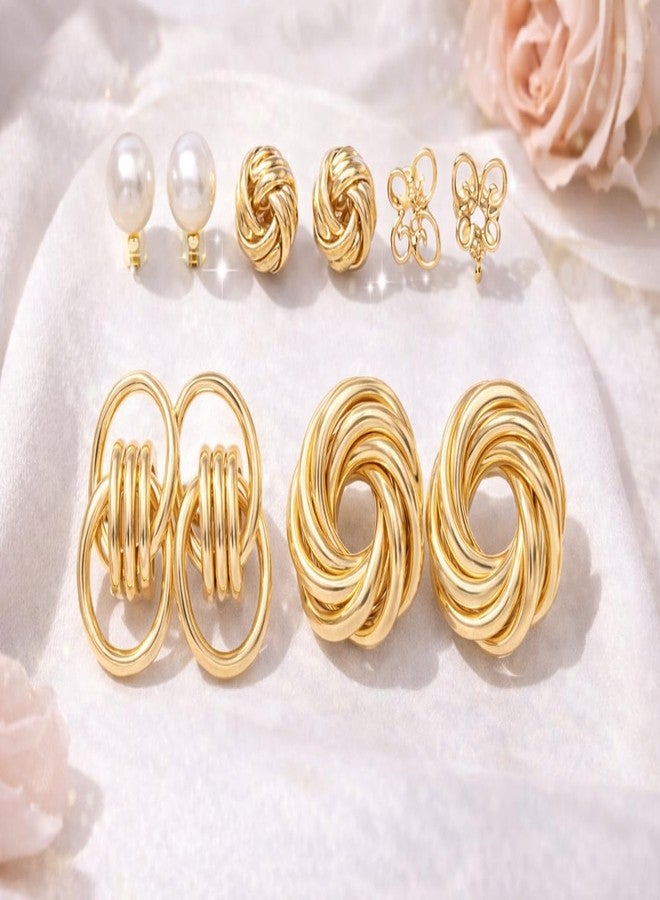 Highlark 6 Pairs Gold Plated Stud Earrings Set for Women | Pearl, Knot & Floral Design | Trendy Statement Fashion Earrings - Image 3