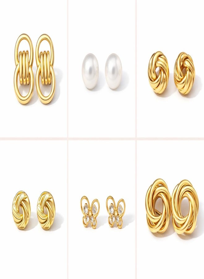 Highlark 6 Pairs Gold Plated Stud Earrings Set for Women | Pearl, Knot & Floral Design | Trendy Statement Fashion Earrings - Image 1