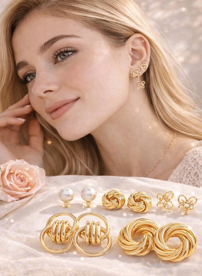 Highlark 6 Pairs Gold Plated Stud Earrings Set for Women | Pearl, Knot & Floral Design | Trendy Statement Fashion Earrings - Image 5