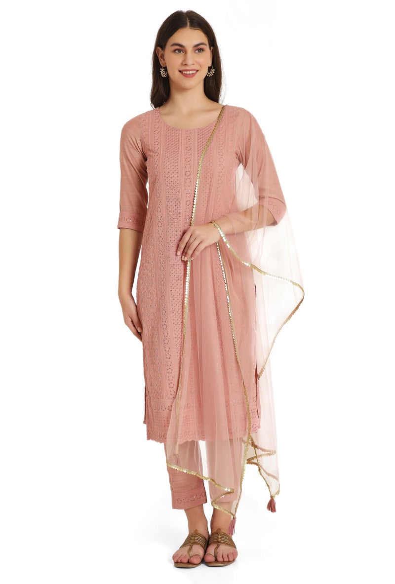 SHOPPING QUEEN Women's Silk Chikankari Kurta Pant Set with Dupatta (A523_Peach_M) - Image 1