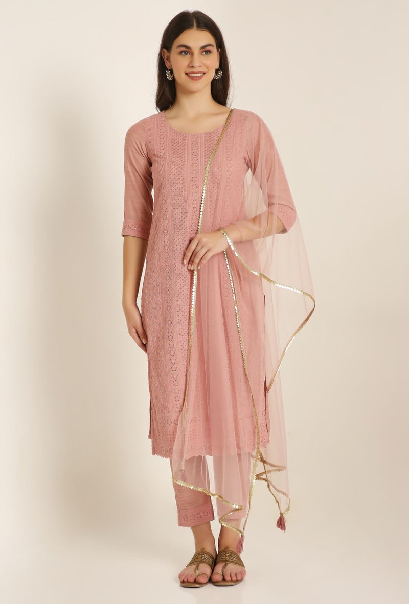 SHOPPING QUEEN Women's Silk Chikankari Kurta Pant Set with Dupatta (A523_Peach_M) - Image 2