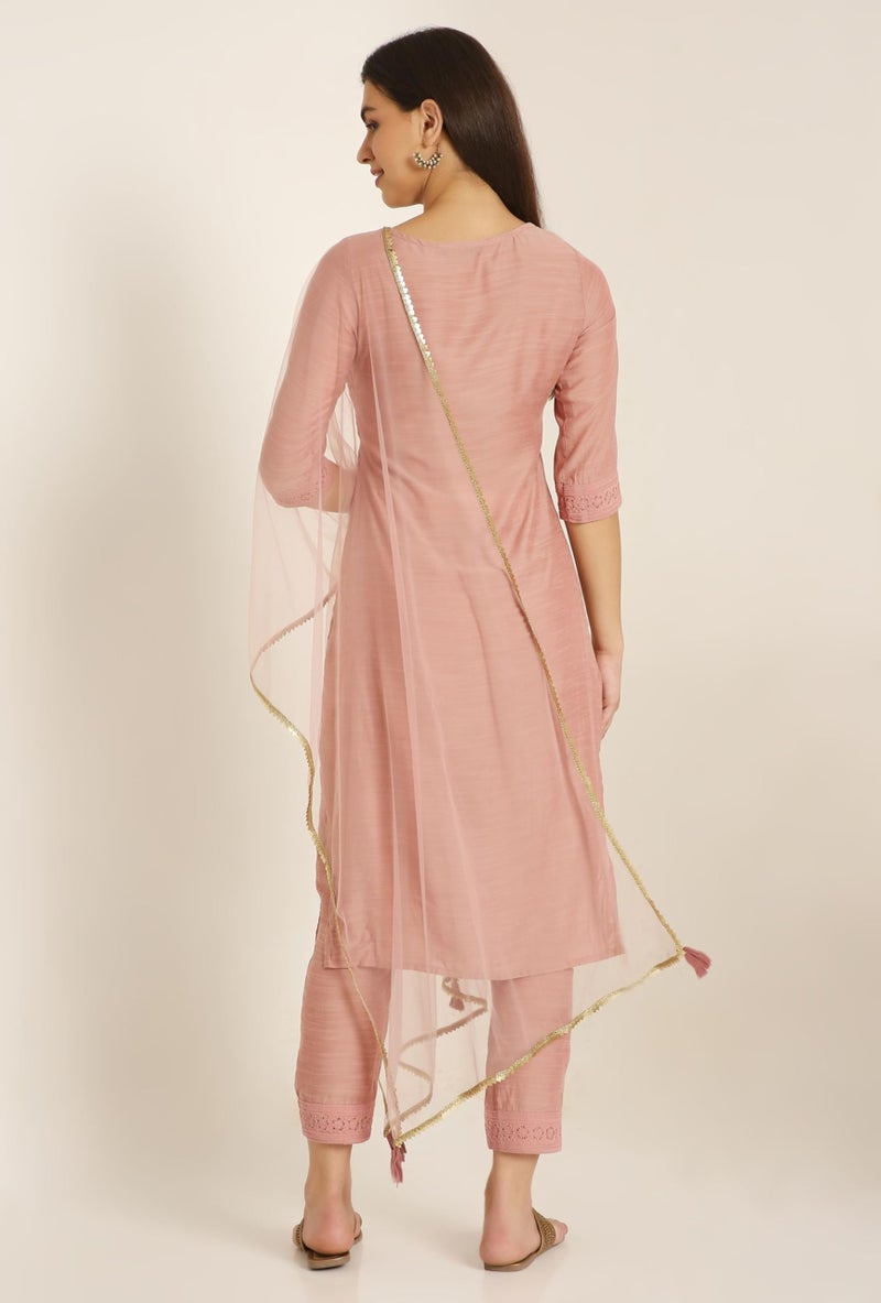 SHOPPING QUEEN Women's Silk Chikankari Kurta Pant Set with Dupatta (A523_Peach_M) - Image 3