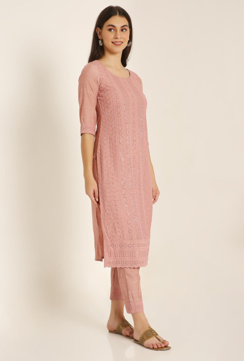 SHOPPING QUEEN Women's Silk Chikankari Kurta Pant Set with Dupatta (A523_Peach_M) - Image 4