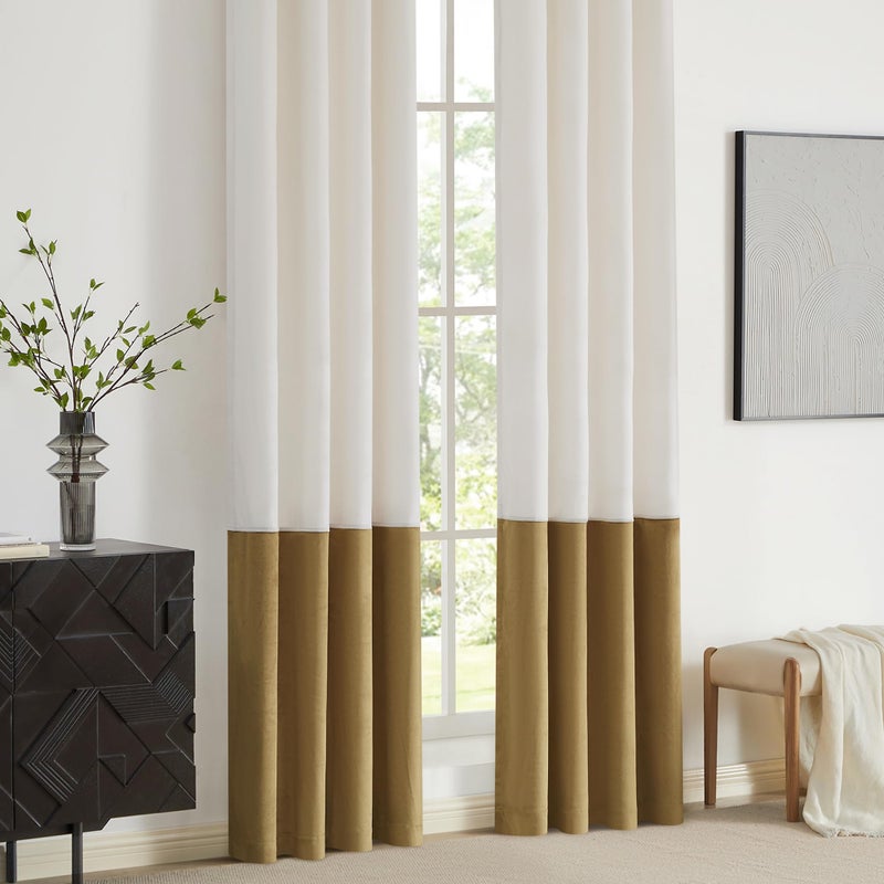 BULBUL Color Block Window Curtains Panels 84 inches Long Cream Ivory Gold Velvet Farmhouse Drapes for Bedroom Living Room Darkening Treatment with Grommet Set of 2 - Image 4