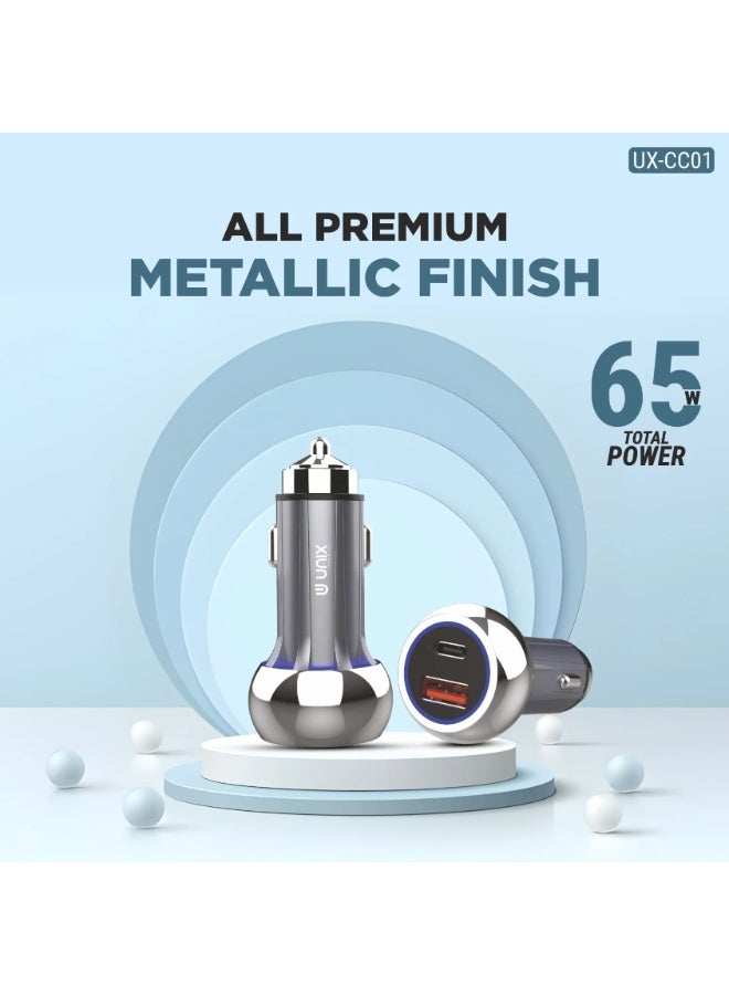 يونيكس UX-CC01 شاحن سيارة بمنفذ USB ومنفذ Type-C | شحن سريع 65W مع شريحة ذكية | شاحن سيارة لمقبس السجائر | قاعدة سيارة صغيرة وخفيفة الوزن | محول معدني - Image 2