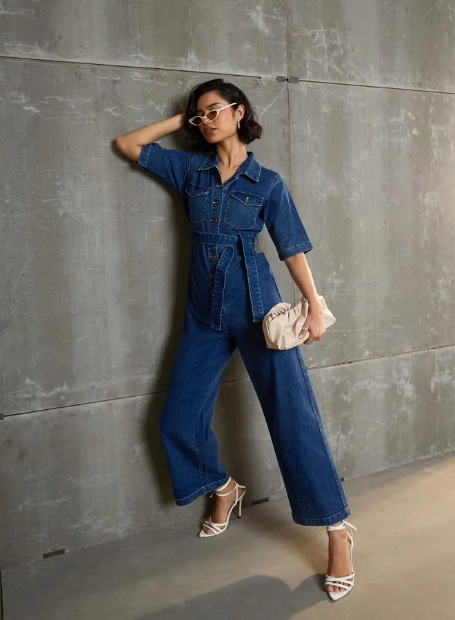 SASSAFRAS  Sassafras Blue Washed Denim Short Sleeve Jumpsuit for Women | Best Price UAE