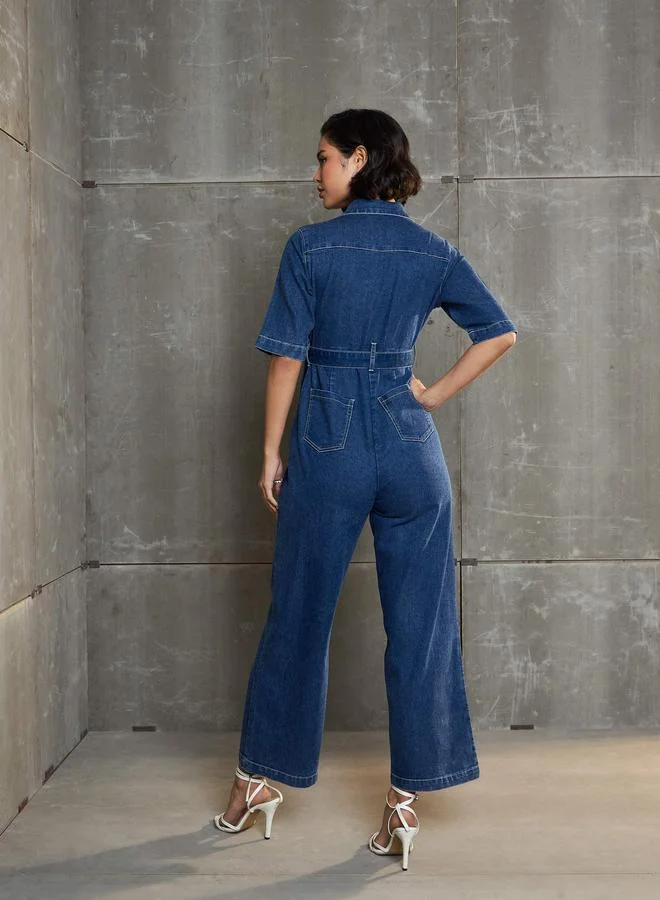 SASSAFRAS  Sassafras Blue Washed Denim Short Sleeve Jumpsuit for Women | Best Price UAE