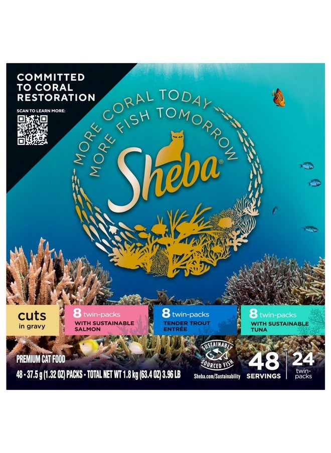 Sheba Sheba Perfect Portions Cuts in Gravy Wet Cat Food Trays (24 Count, 48 Servings), Salmon, Trout, and Sustainable Tuna Entrée Variety Pack, Easy Peel Twin-Pack Trays  - Image 1