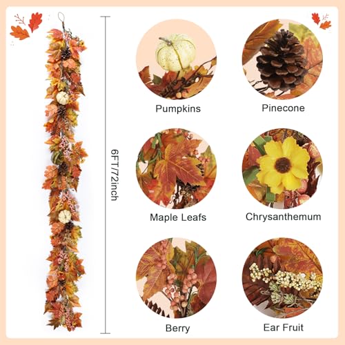Artgar Fall Garland - 6 Ft Maple Leaf Pumpkin Berry Garland - Fall Decor Garlands with 30 Warming Lights for Thanksgiving Halloween Mantel Table Indoor Outdoor Decor - Image 2