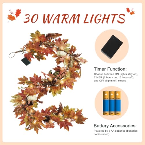 Artgar Fall Garland - 6 Ft Maple Leaf Pumpkin Berry Garland - Fall Decor Garlands with 30 Warming Lights for Thanksgiving Halloween Mantel Table Indoor Outdoor Decor - Image 3