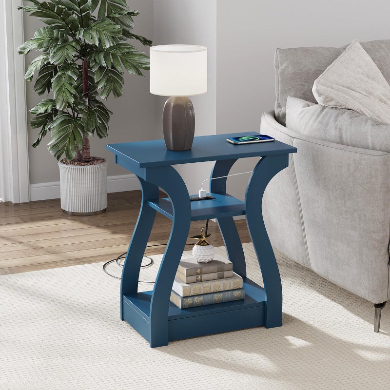 FROMJBEST End Tables Living Room, End Table end Table with Charging Station and USB,Navy Blue Side Table, Nightstand for Bedroom,3 Tier End Table with Storage Shelf for Living Room - Image 1
