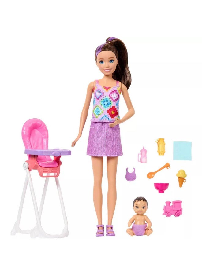Barbie مجموعة ألعاب جليسة الأطفال باربي للعائلة والأصدقاء مع دمية طفل بني (8 ملحقات) - Image 2