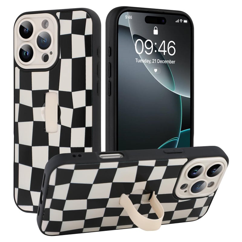 SOKAD for iPhone 16 Pro Max Case with Finger Strap Kickstand, Cute Checkered Checkerboard Phone Case with Finger Hand for Women Men, Slim Full Camera Protection Shockproof Case, Black & White - Image 1