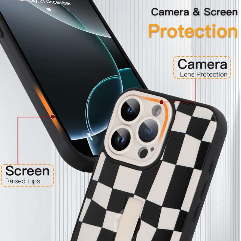 SOKAD for iPhone 16 Pro Max Case with Finger Strap Kickstand, Cute Checkered Checkerboard Phone Case with Finger Hand for Women Men, Slim Full Camera Protection Shockproof Case, Black & White - Image 3