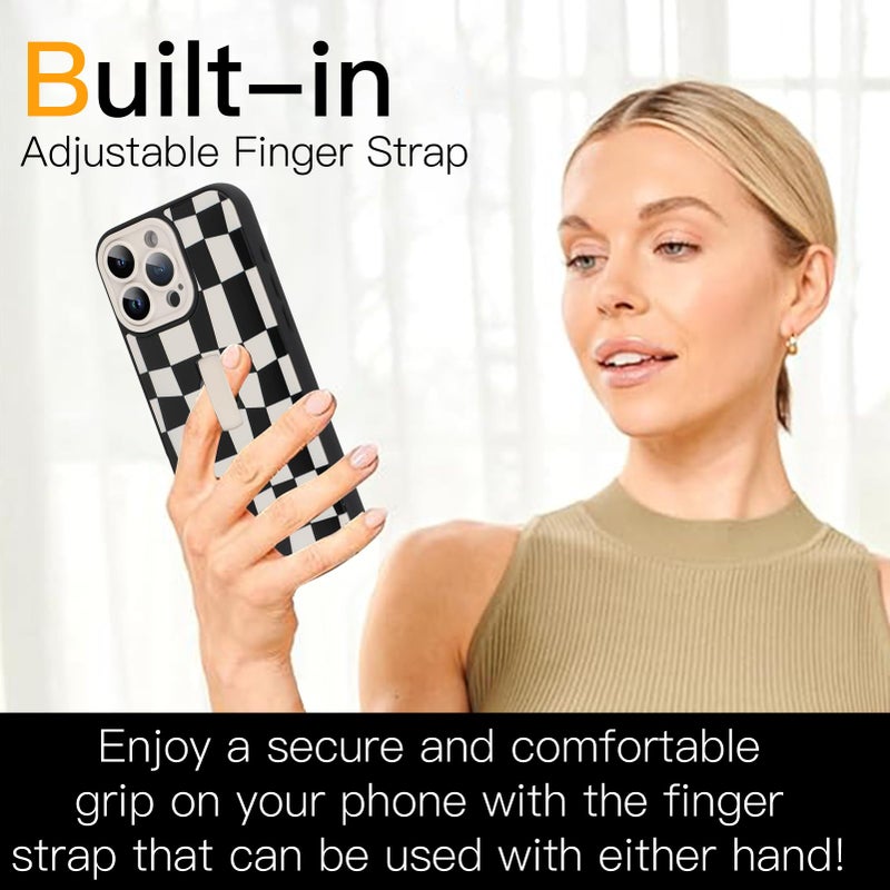 SOKAD for iPhone 16 Pro Max Case with Finger Strap Kickstand, Cute Checkered Checkerboard Phone Case with Finger Hand for Women Men, Slim Full Camera Protection Shockproof Case, Black & White - Image 2