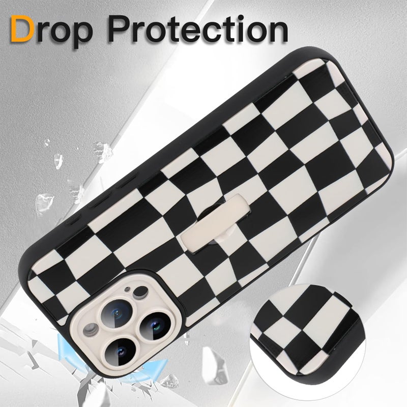 SOKAD for iPhone 16 Pro Max Case with Finger Strap Kickstand, Cute Checkered Checkerboard Phone Case with Finger Hand for Women Men, Slim Full Camera Protection Shockproof Case, Black & White - Image 4