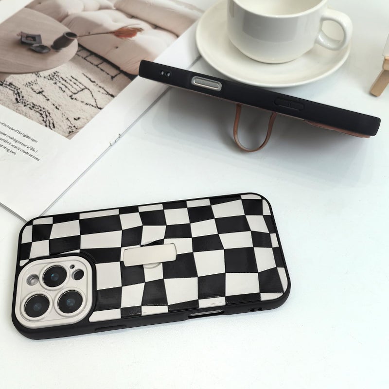 SOKAD for iPhone 16 Pro Max Case with Finger Strap Kickstand, Cute Checkered Checkerboard Phone Case with Finger Hand for Women Men, Slim Full Camera Protection Shockproof Case, Black & White - Image 5