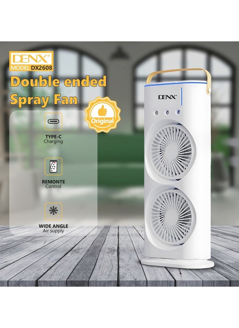 Denx - Portable Double-Ended Spray Fan With Remote Control – Power by USB Type C Mist Cooling Tower Fan with 90° Rotation,– Mini Desktop Air Circulator, 280 ml Water Tank, 3 Air Speeds & 3 Cooling Mist, 90° Left and Right Rotation, 7 LED Mobile Air Conditioner for Room, Homes and Office - Image 1