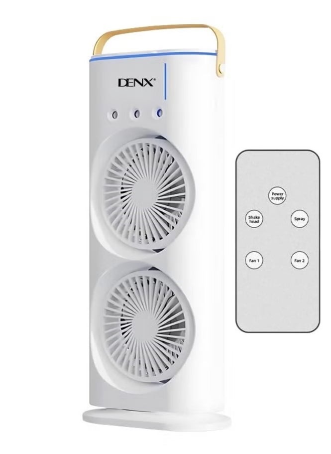 Denx - Portable Double-Ended Spray Fan With Remote Control – Power by USB Type C Mist Cooling Tower Fan with 90° Rotation,– Mini Desktop Air Circulator, 280 ml Water Tank, 3 Air Speeds & 3 Cooling Mist, 90° Left and Right Rotation, 7 LED Mobile Air Conditioner for Room, Homes and Office - Image 1