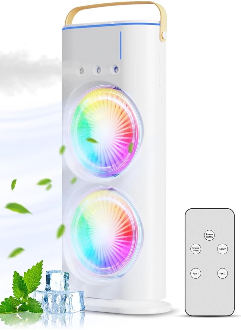 Denx - Portable Double-Ended Spray Fan With Remote Control – Power by USB Type C Mist Cooling Tower Fan with 90° Rotation,– Mini Desktop Air Circulator, 280 ml Water Tank, 3 Air Speeds & 3 Cooling Mist, 90° Left and Right Rotation, 7 LED Mobile Air Conditioner for Room, Homes and Office - Image 1
