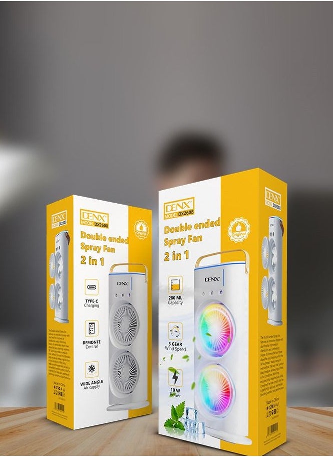 Denx - Portable Double-Ended Spray Fan With Remote Control – Power by USB Type C Mist Cooling Tower Fan with 90° Rotation,– Mini Desktop Air Circulator, 280 ml Water Tank, 3 Air Speeds & 3 Cooling Mist, 90° Left and Right Rotation, 7 LED Mobile Air Conditioner for Room, Homes and Office - Image 1