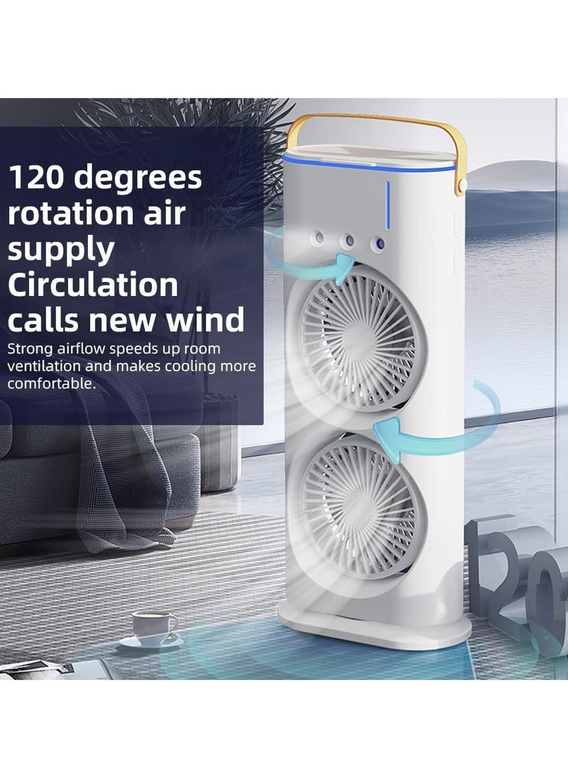 Denx - Portable Double-Ended Spray Fan With Remote Control – Power by USB Type C Mist Cooling Tower Fan with 90° Rotation,– Mini Desktop Air Circulator, 280 ml Water Tank, 3 Air Speeds & 3 Cooling Mist, 90° Left and Right Rotation, 7 LED Mobile Air Conditioner for Room, Homes and Office - Image 1