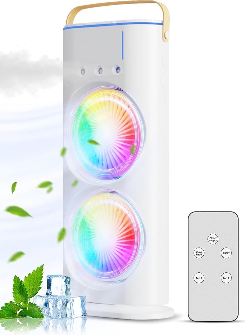 دينكس مروحة رذاذ محمولة مزدوجة الأطراف مع ريموت تحكم عن بعد - مروحة برج رذاذ  مع دوران 90 درجة، - موزع هواء صغير لسطح المكتب، خزان مياه سعة 280 مل، 3 سرعات هواء و3 رذاذ تبريد، دوران 90 درجة يسارًا ويمينًا، مكيف هواء متنقل بـ 7 مصابيح LED للغرف والمنازل والمكاتب - Image 3