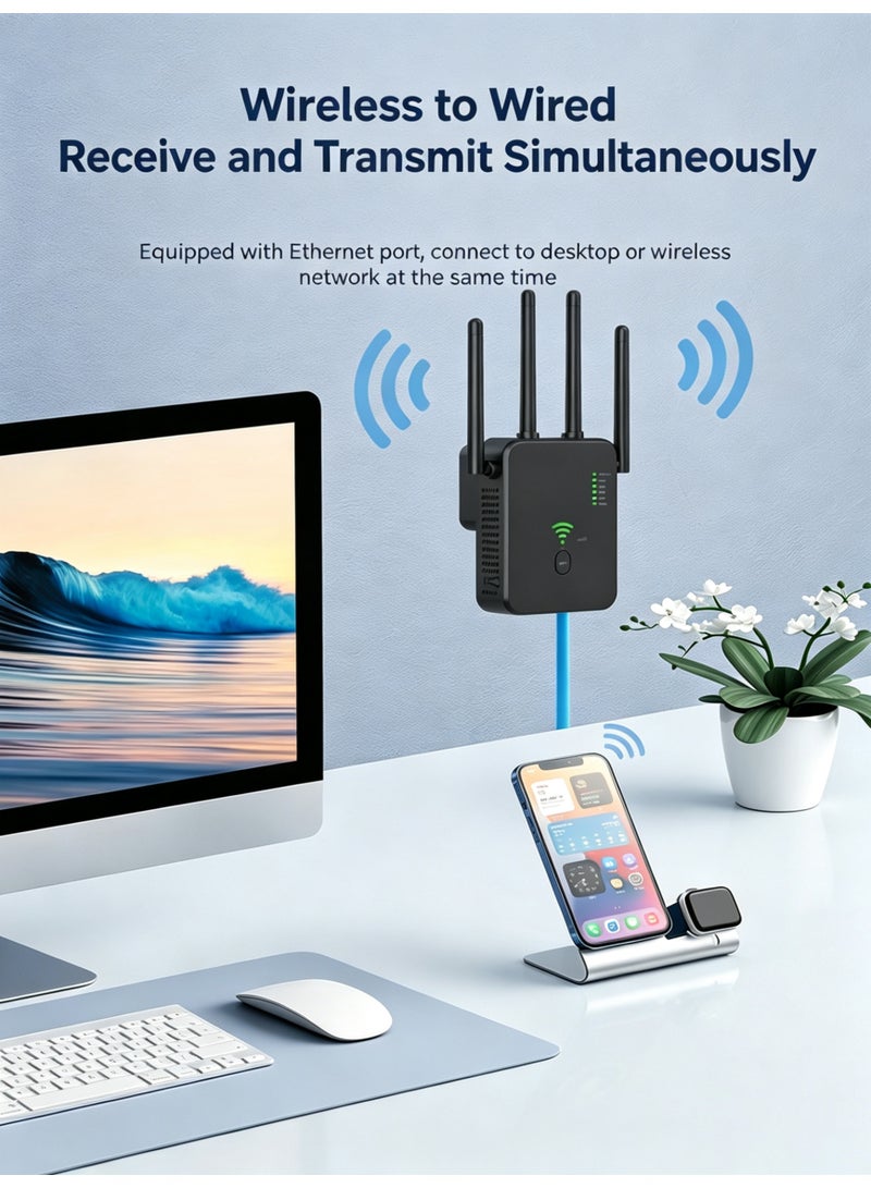 Xstar WiFi signal extender, WiFi repeater signal amplifier 300M Gigabit wireless router AC dual-band 2.4G anti-interference 5G wall-penetrating broadband / Wi-Fi extender, one-click setup, plug and play without installation (black) - Image 1