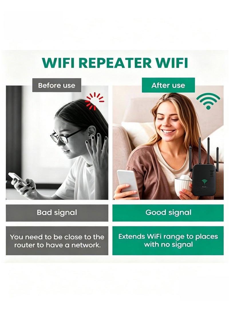 Xstar WiFi signal extender, WiFi repeater signal amplifier 300M Gigabit wireless router AC dual-band 2.4G anti-interference 5G wall-penetrating broadband / Wi-Fi extender, one-click setup, plug and play without installation (black) - Image 2