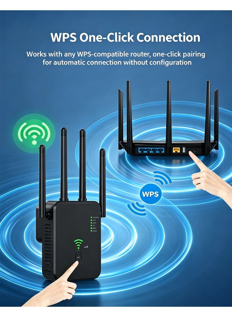 Xstar WiFi signal extender, WiFi repeater signal amplifier 300M Gigabit wireless router AC dual-band 2.4G anti-interference 5G wall-penetrating broadband / Wi-Fi extender, one-click setup, plug and play without installation (black) - Image 4