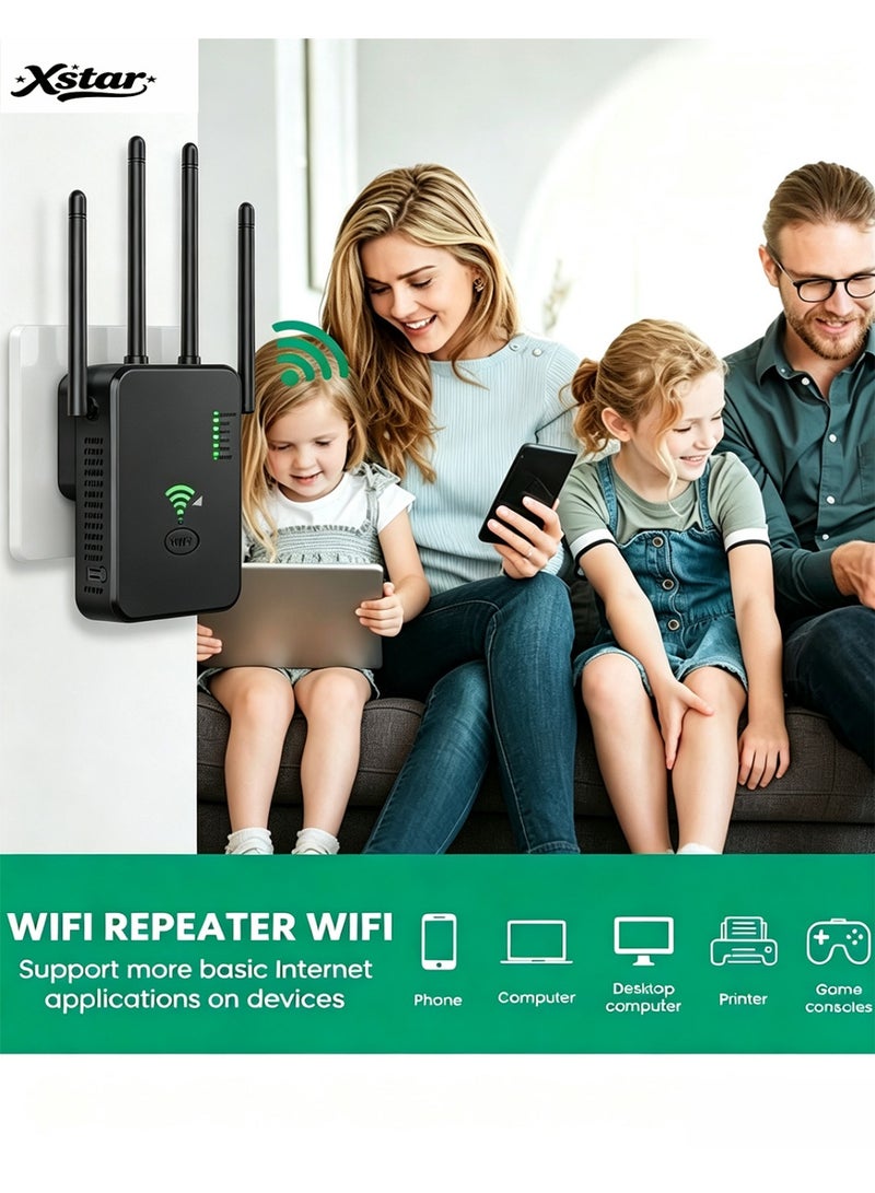 Xstar WiFi signal extender, WiFi repeater signal amplifier 300M Gigabit wireless router AC dual-band 2.4G anti-interference 5G wall-penetrating broadband / Wi-Fi extender, one-click setup, plug and play without installation (black) - Image 3