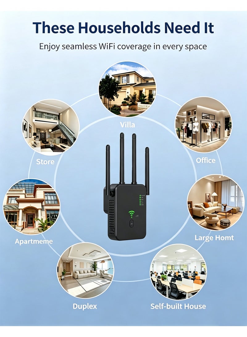 Xstar WiFi signal extender, WiFi repeater signal amplifier 300M Gigabit wireless router AC dual-band 2.4G anti-interference 5G wall-penetrating broadband / Wi-Fi extender, one-click setup, plug and play without installation (black) - Image 5