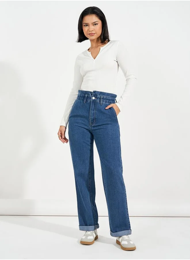 Styli High Rise Straight Fit Paper Bag Waist Jeans