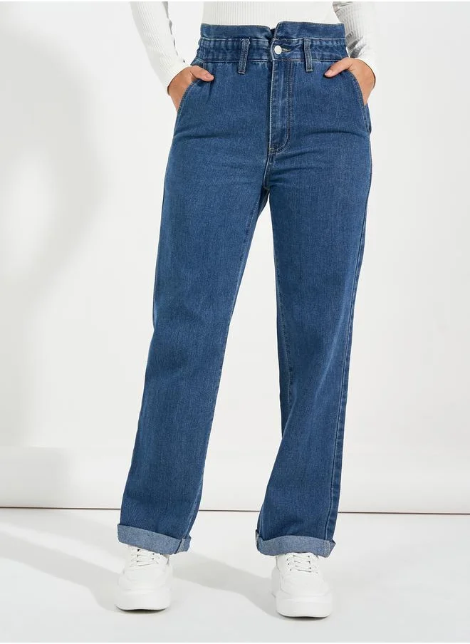 Styli High Rise Straight Fit Paper Bag Waist Jeans