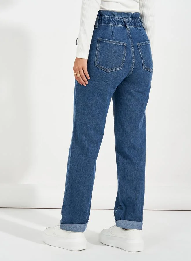 Styli High Rise Straight Fit Paper Bag Waist Jeans