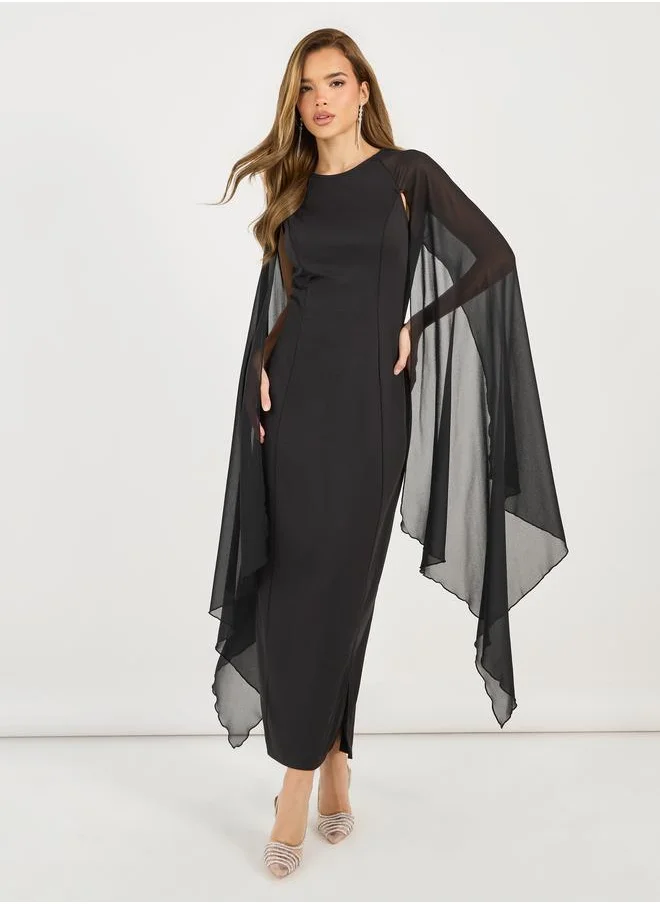Styli Styli Draped Cape Sleeves Shift Maxi Dress