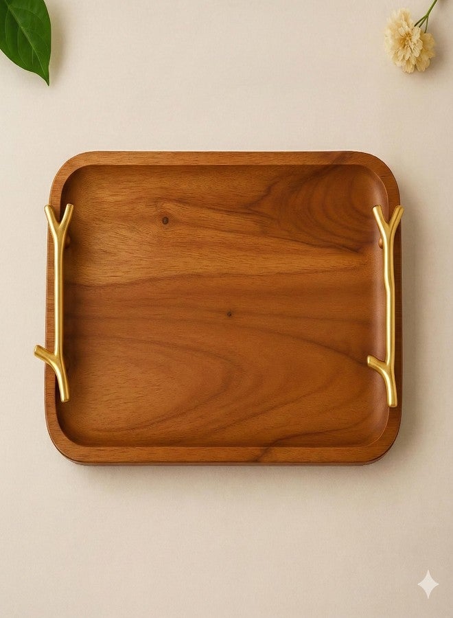 CentraLit Decorative Acacia Wooden Tray for Serving - Dining Table Accessories & Kitchen Organizer Serving Trays - Luxury Wooden Tray| 15×10 inch Gold Twig Handles for Home Decoration - Image 3