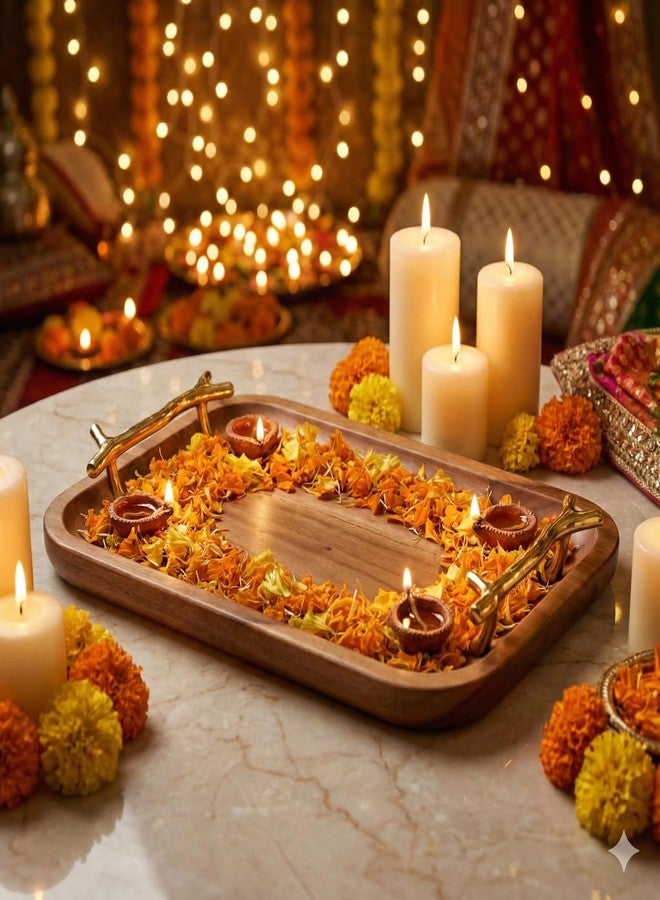 CentraLit Decorative Acacia Wooden Tray for Serving - Dining Table Accessories & Kitchen Organizer Serving Trays - Luxury Wooden Tray| 15×10 inch Gold Twig Handles for Home Decoration - Image 4
