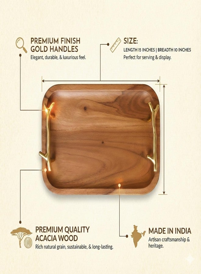 CentraLit Decorative Acacia Wooden Tray for Serving - Dining Table Accessories & Kitchen Organizer Serving Trays - Luxury Wooden Tray| 15×10 inch Gold Twig Handles for Home Decoration - Image 2