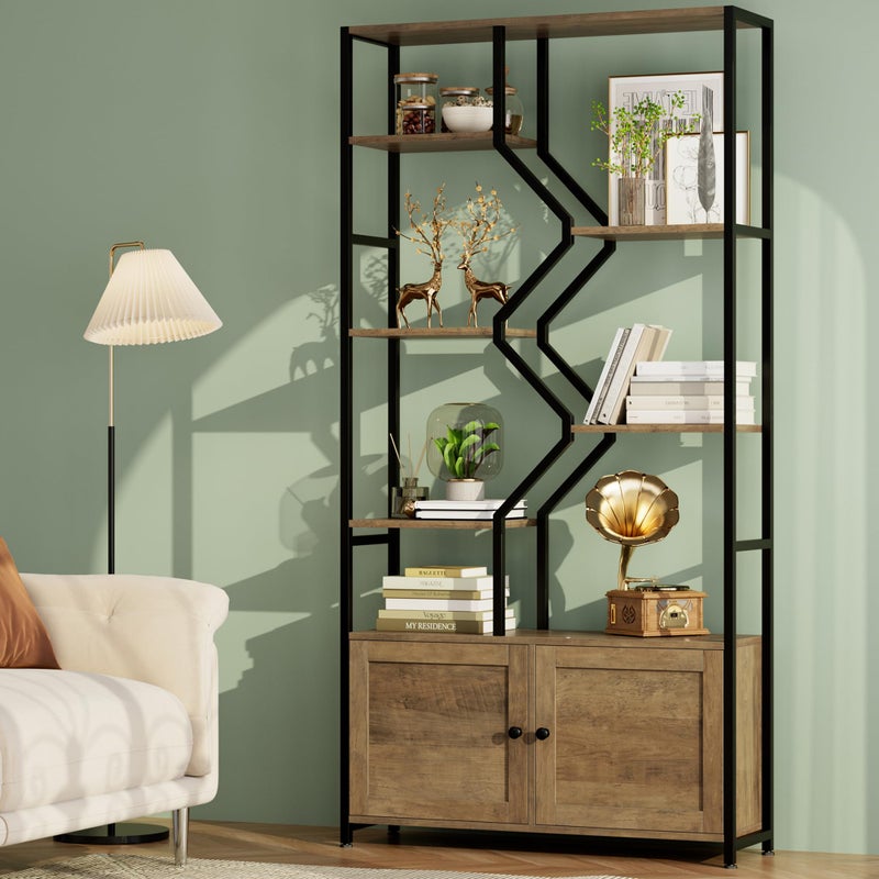 76 Tall Shelf with Storage Cabinet Doors 6 Tier Open Bookshelf for Multiuse Display Staggered Book Shelf Etagere Bookcase for Home OfficeLiving Room Deep Metal Wood Accent Shelf Rustic Brown