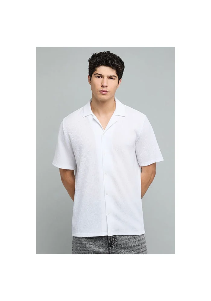 R&b Textured Shirt with Revere Collar and Short Sleeves