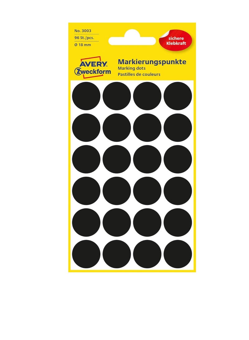افيري مجموعة ملصقات لاصقة Avery Zweckform 3003 بقطر 18 مم، 96 قطعة، أسود - Image 1