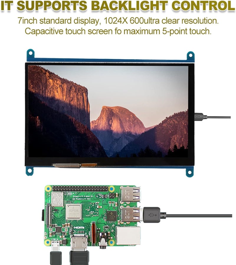 كلاراكو شاشة لمس سعوية 7 بوصة، شاشة LCD تعمل باللمس، منفذ HDMI، دقة عرض فائقة الوضوح 1024×600، متوافقة مع Raspberry Pi، تدعم أنظمة تشغيل Windows 7/8/10، تدعم اللمس من 5 إلى 5 بوصات - Image 4