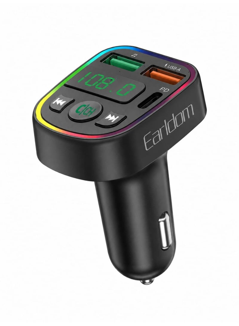 Car MP3 FM transmitter featuring PD fast charging, a USB-A port, music playback, and wireless calling.